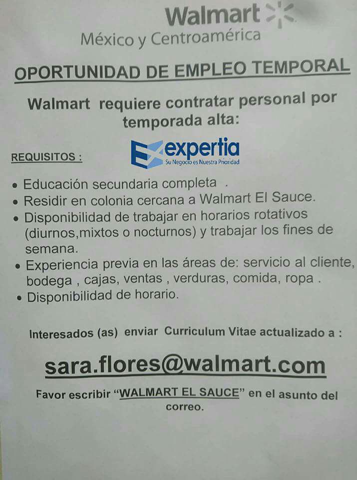 Walmart requiere personal por temporada alta Tegucigalpa Empleos en