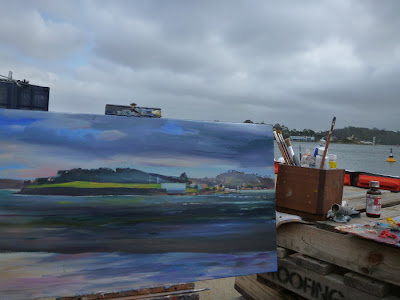 oil painting of Goat Island from Moore's Wharf, Millers Point by artist Jane Bennett