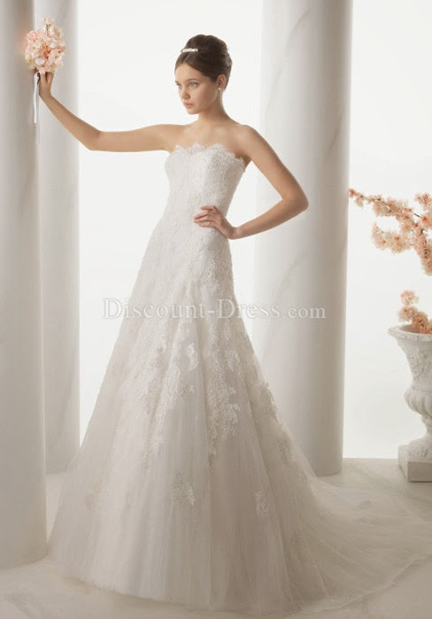  Classic A line Strapless Lace Zipper Back Floor Length Wedding Gown