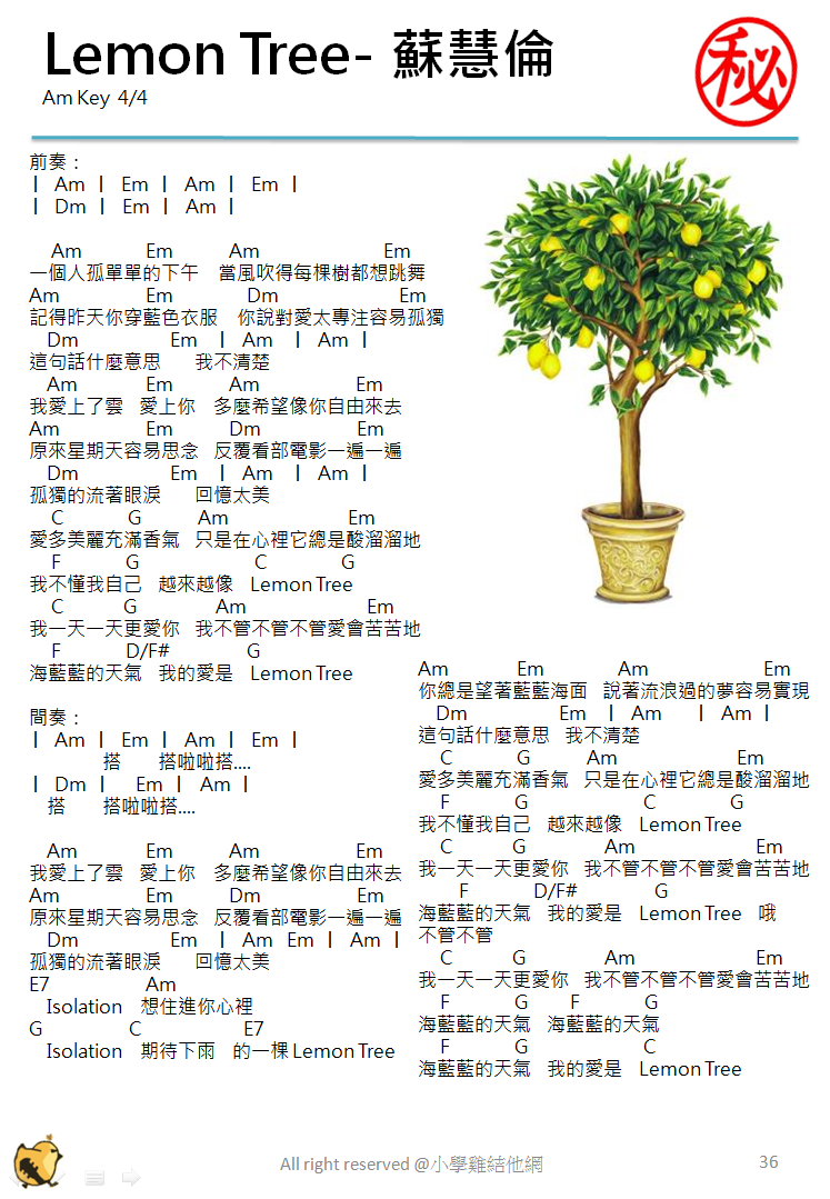 Lemon Tree 蘇慧倫 結他譜 chord譜 結他教學