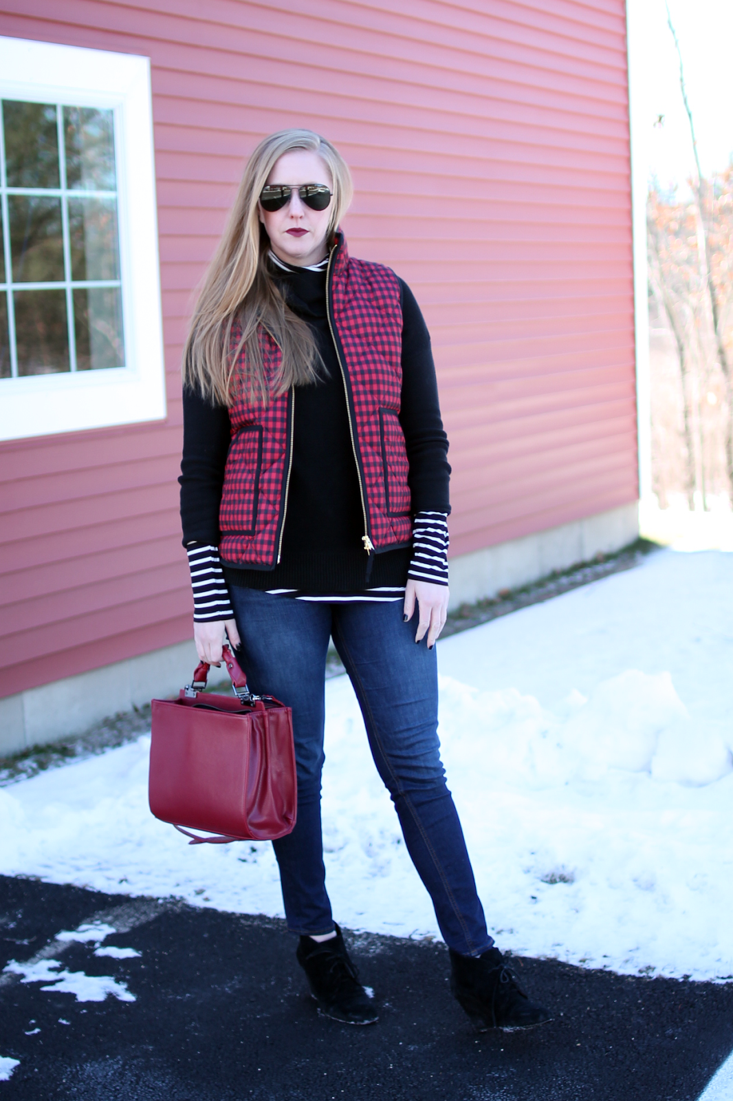 j.crew puffer vest buffalo plaid, boston style blogger, winter layers, red and black buffalo plaid, old navy striped top, black sweater, ray-ban aviators, topshop v-panel carry all purse,