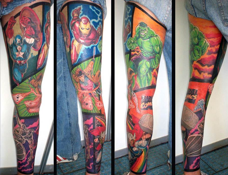 within his gallery this complete leg tattoo filled with Marvel heroes
