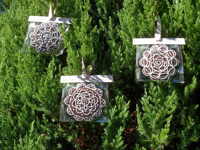 wedding favor, tree ornaments with packaged dark-chocolate tea biscuits/cookies
