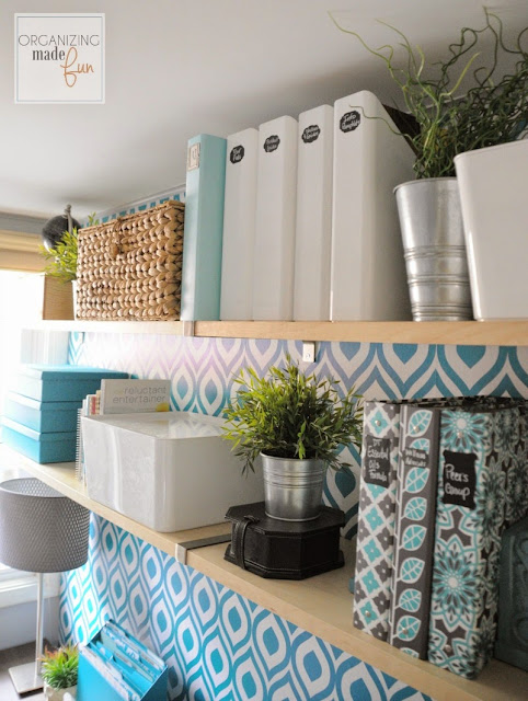 Open shelving in the home office filled with turquoise accents :: OrganizingMadeFun.com