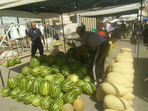 Large Watermellons and Mashmellons in "Siyob Market" of Samarkand.