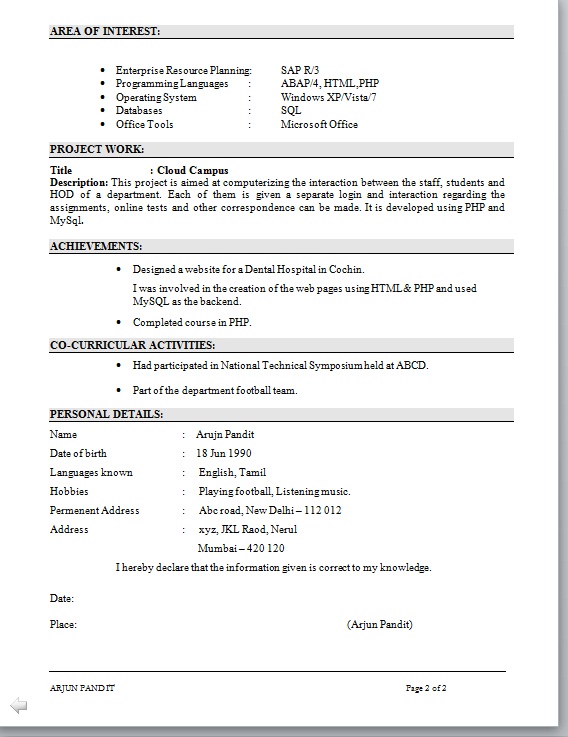 mca freshers resumes