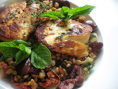 Leek and Rye Berry Salad with Halloumi Cheese, Sun-Dried Tomatoes and Olives