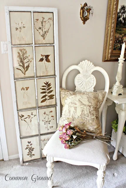 Lovely tone on tone vintage botanical art with an old window frame, by Common Ground, featured on I Love That Junk