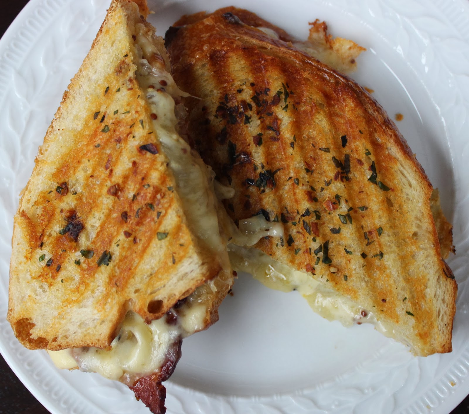 Grilled Cheese with Mustard, Caramelized Onions & Bacon