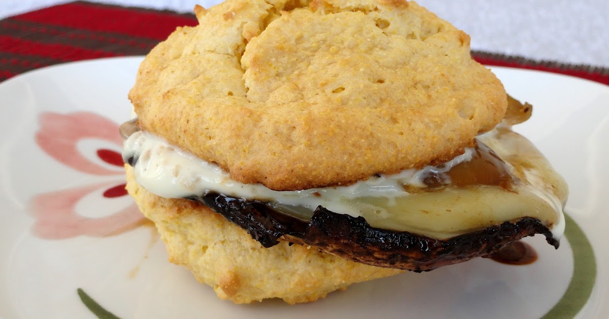 As Good As Gluten Portobello Burgers with Caramelized Onions and Aioli and Cornbread Hamburger Buns