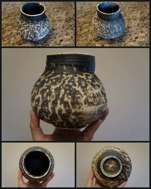 Obvara raku fired vessel / vase, with sodium silicate crackle texture.
