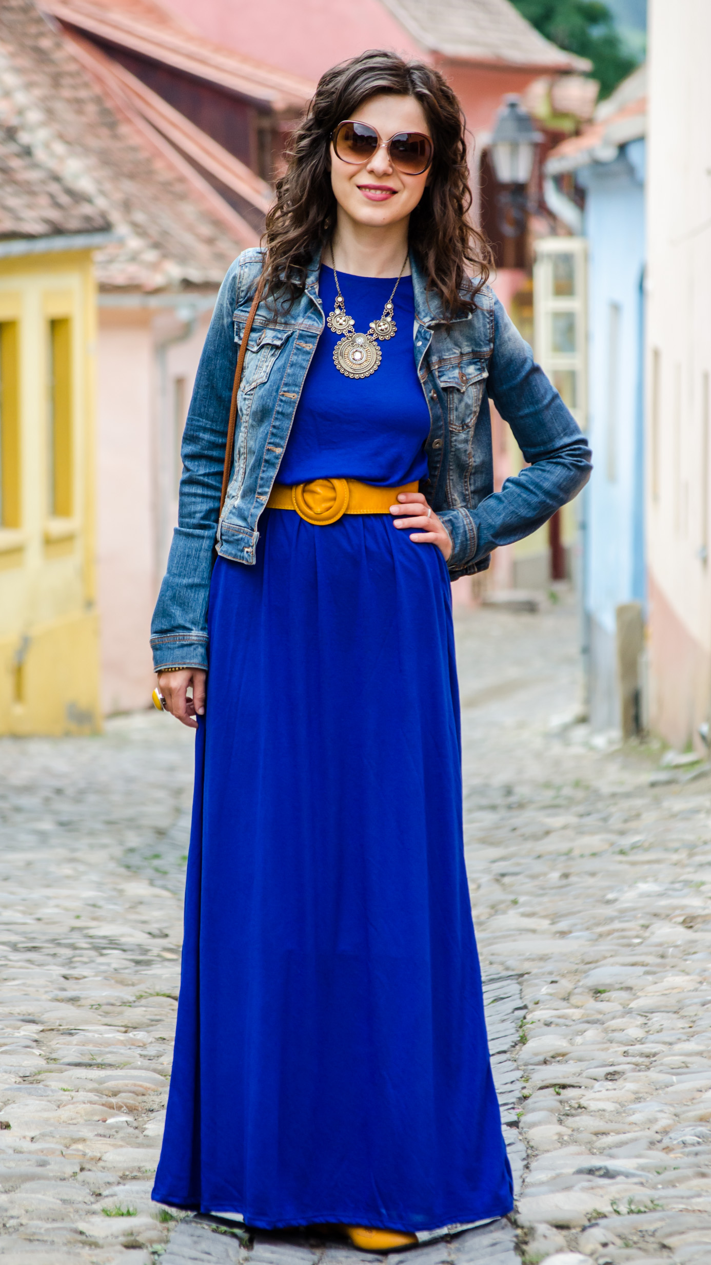 maxi dress cobalt blue mustard flats H&M belt sighisoara