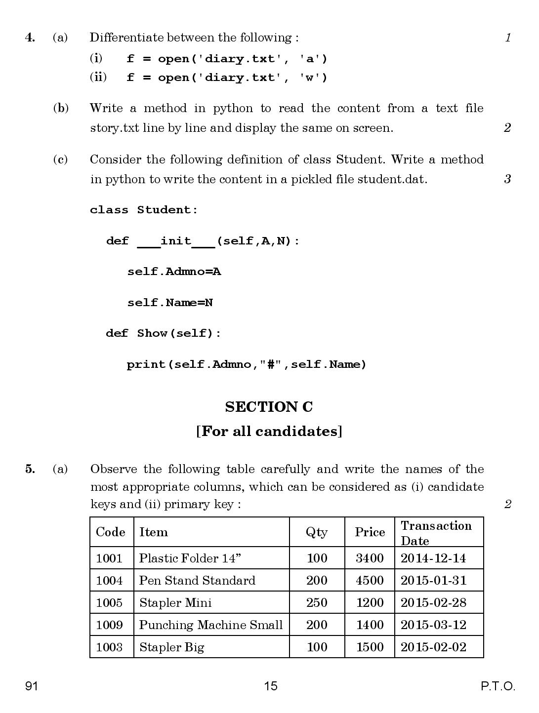 cbse class 12th 2015 board Computer Science question paper set-3 cbse class 12th 2015 Computer Science question paper