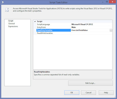 screenshot of Script Task Editor window open and Script selected from the menu and ReadOnlyVariables seclected