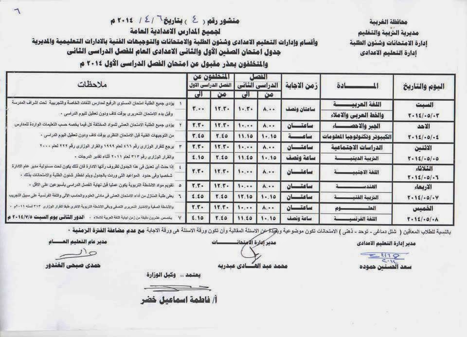 جدول امتحانات المرحلة الاعدادية الترم الثانى 2014 محافظة الغربية