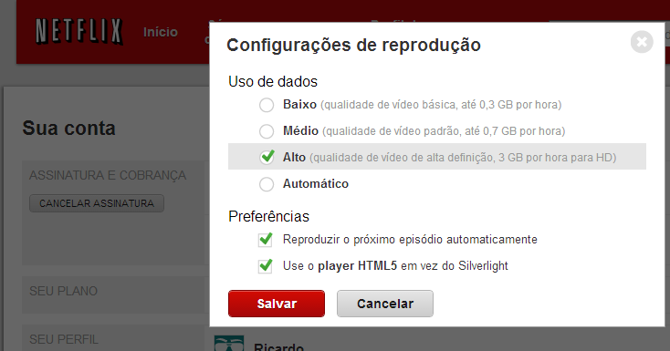 Netflix: opções de reprodução automática, player HTML5