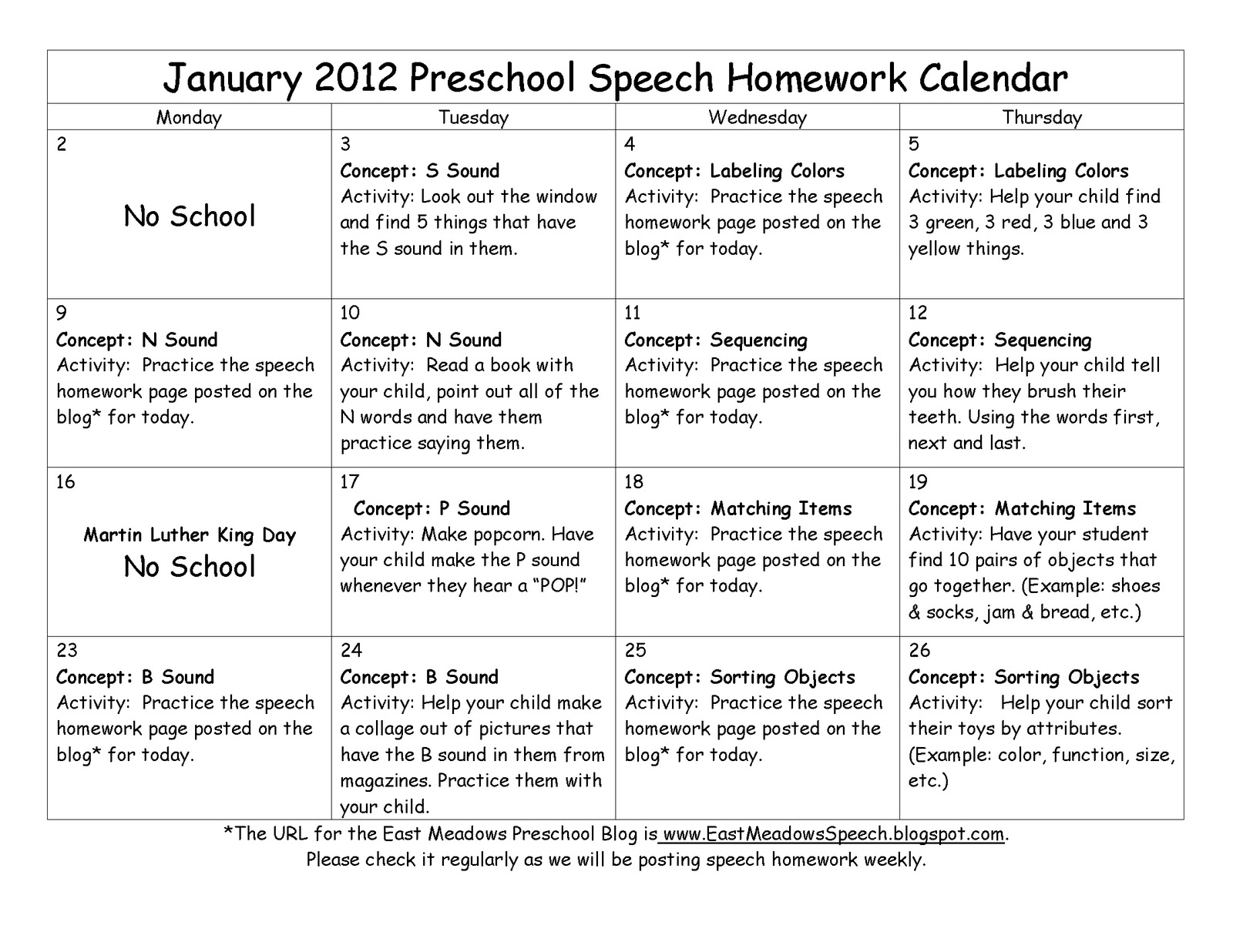 Worksheet Preschool Homework east meadows speech january 2012 preschool homework week 1 for 4th