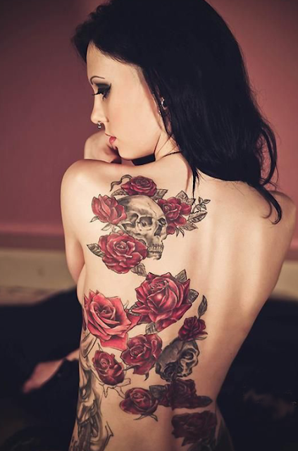 skull and red roses tattoo