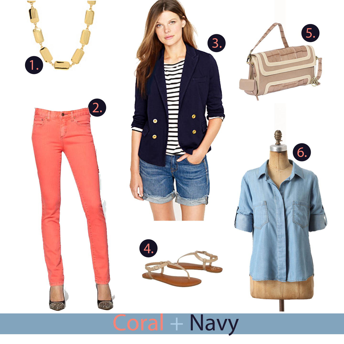 coral and navy blue outfit