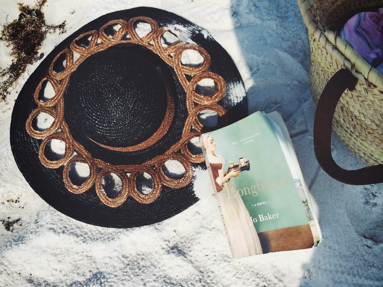 longbourne book, black and brown straw hat, black straw beach hat, black floppy hat, seagrove beach, 