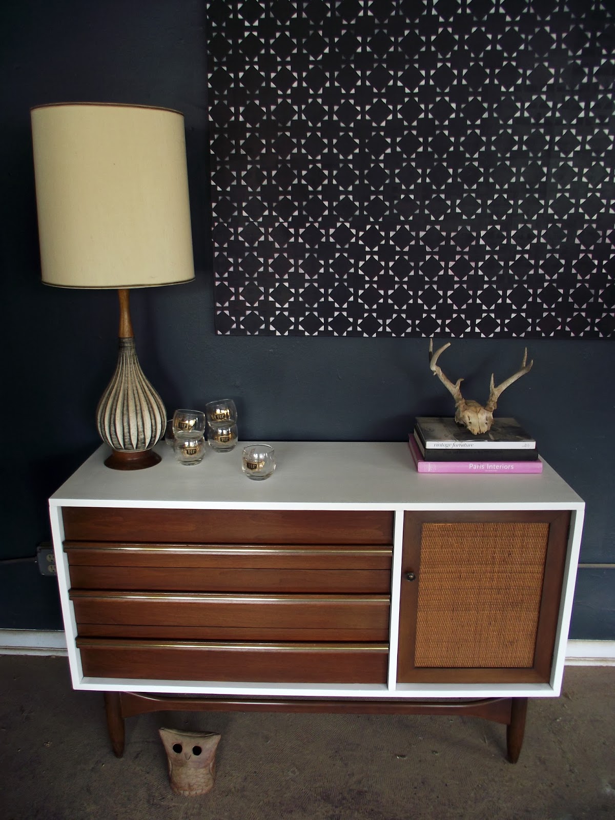 Vintage Ground Mid Century White Wood Buffet / Media Console / Sideboard