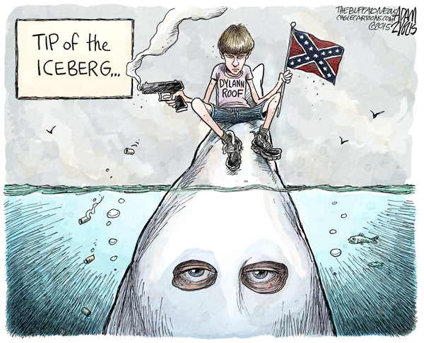 Dylan Roof sitting on iceberg holding Confederate flag and gun.  Below the surface, iceberg is revealed to be the hood on a KKK member.