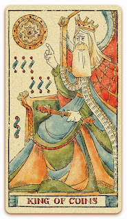 King of Coins card - Colored illustration - In the spirit of the Marseille tarot - minor arcana - design and illustration by Cesare Asaro - Curio & Co. (Curio and Co. OG - www.curioandco.com)
