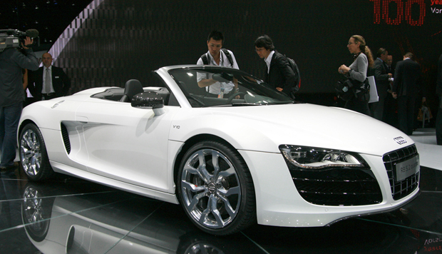 White Color Audi R8 Spyder cars in the auto show