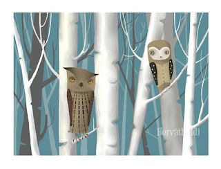  baglyok az erdőben, fákon ülnek, nézik egymást, kuvik és fülesgbagoly ülnek a faágon, owls in forest, sitting on branches, eagle owl, little owl