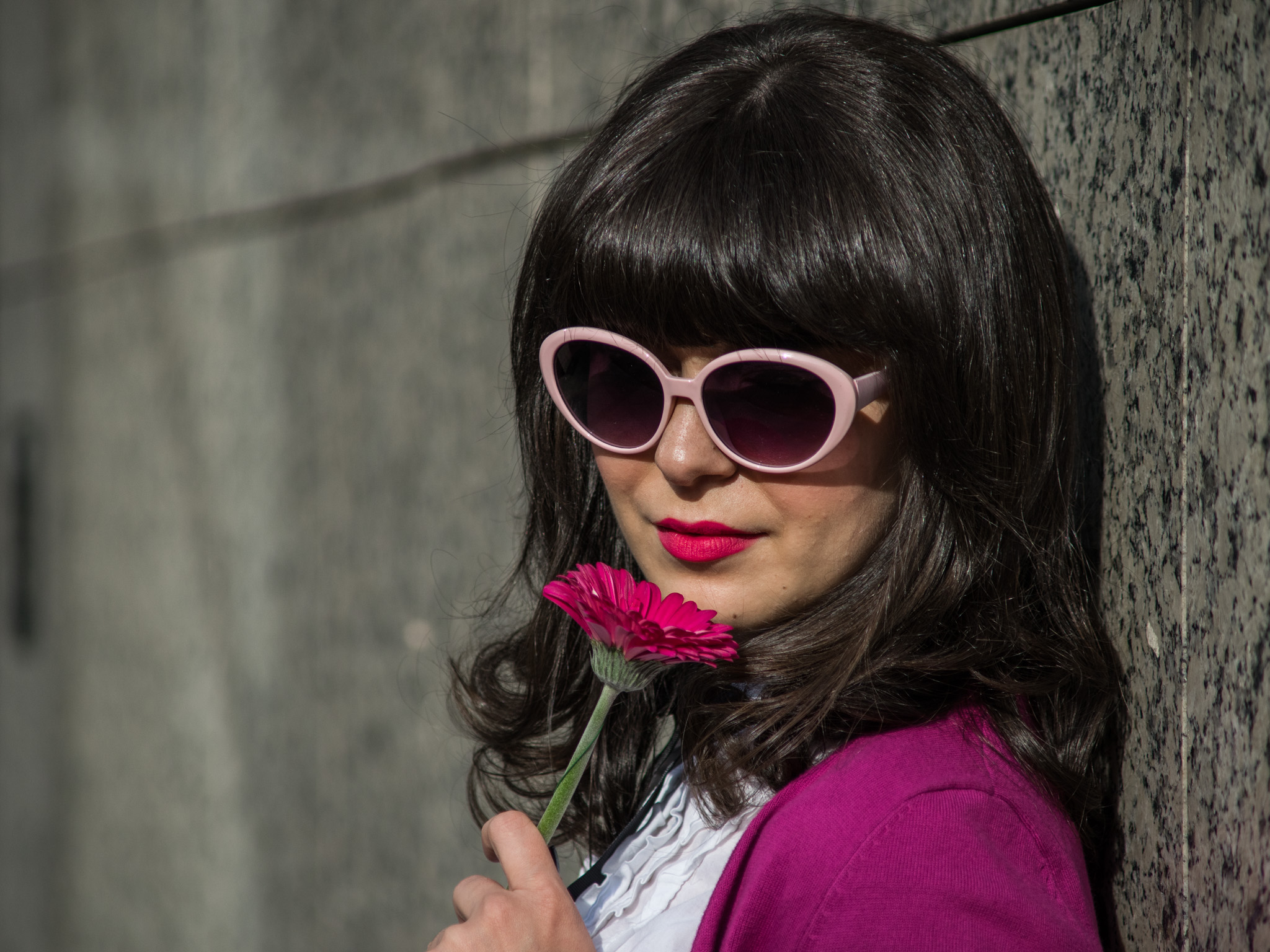 black & white outfit with stripes and pops of pink and fuchsia white shirt black bow tie fuchsia shoes heels sweater C&A striped midi skirt stripes pink thrifted trench black clutch pink cat eye glasses