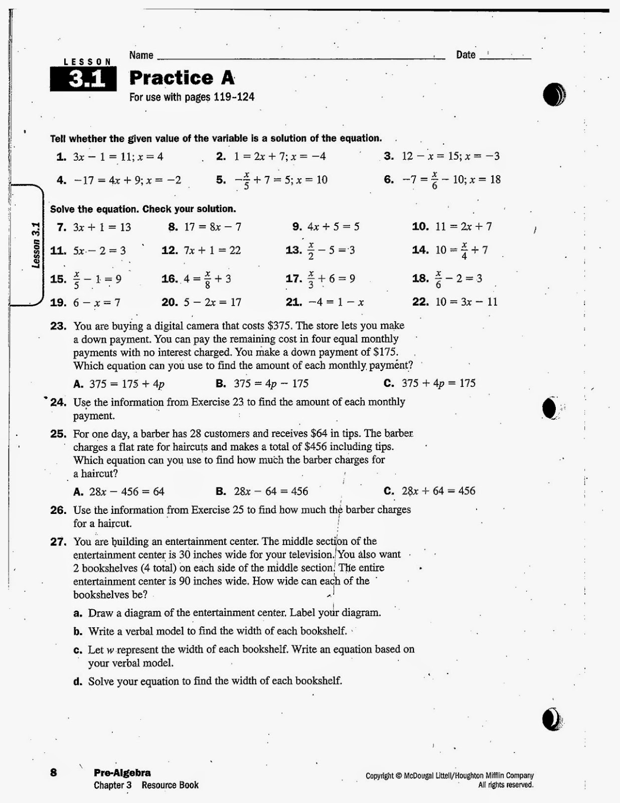 holt mcdougal algebra 1 worksheet answers
