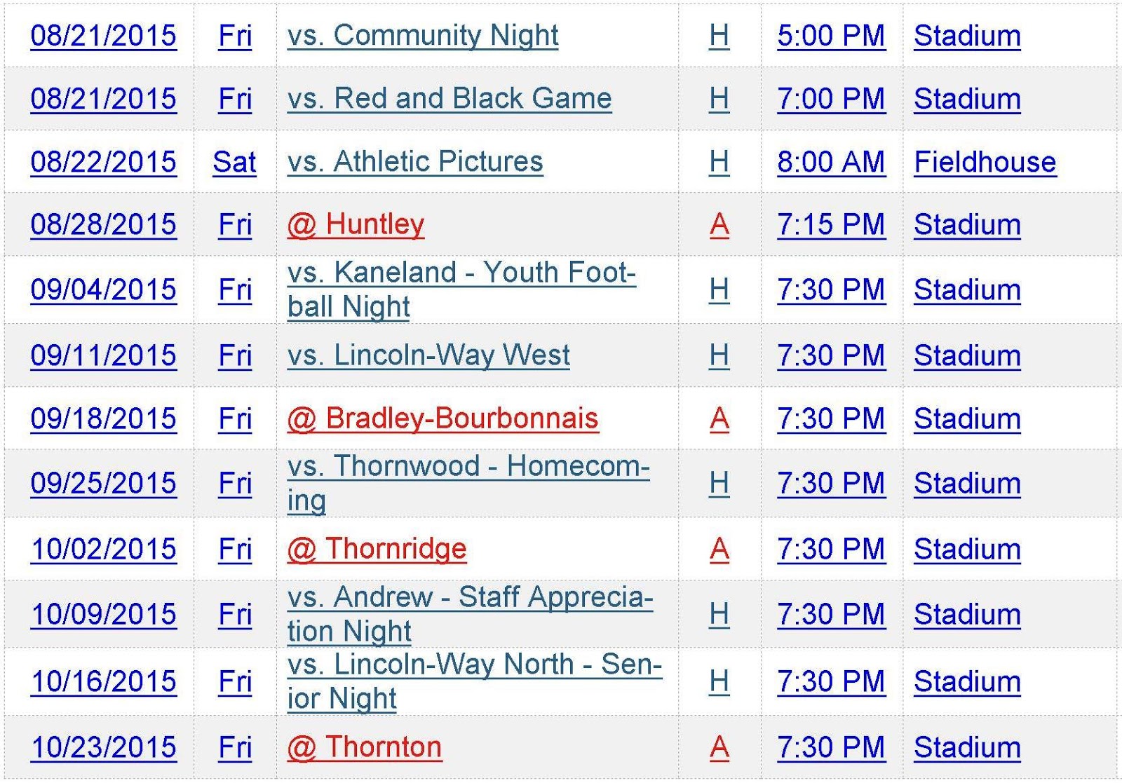 LincolnWay HS Dist 210 Varsity Football Schedules
