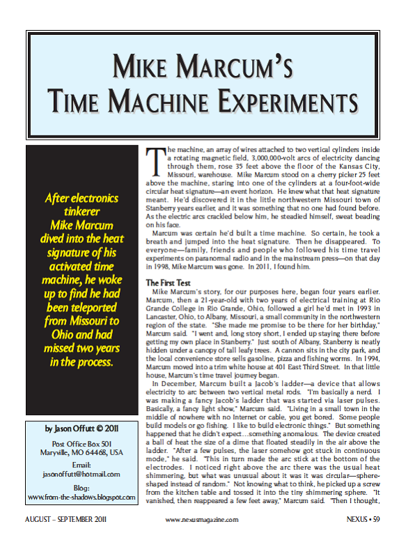 Science Fiction A to Z. Discussing every aspect of writing Sci-Fi.: Nexus  Magazine article Aug/Sept 2011 vol 18 #5 Mike Marcum's Time Travel  experiments