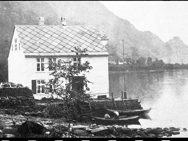 The very first Hotel Ullensvang was known as the 'staging inn.' This photo dates to 1846 and shows the one-bedroom inn above the steamship agency. All historical photos in this series are the property of Hotel Ullensvang.