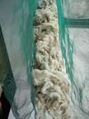 3) La lana pulita che si asciuga in terrazzo, raccolta in una rete