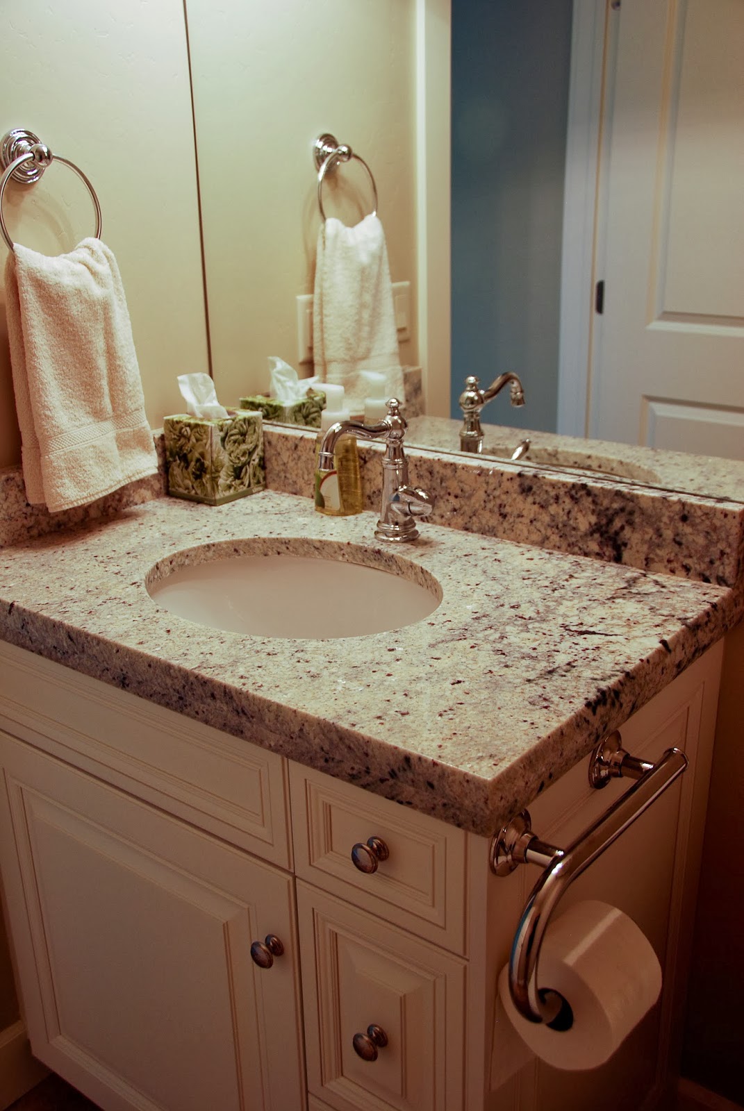 The Granite Gurus Bianco Romano Wet Bar & Vanities from MGS by Design