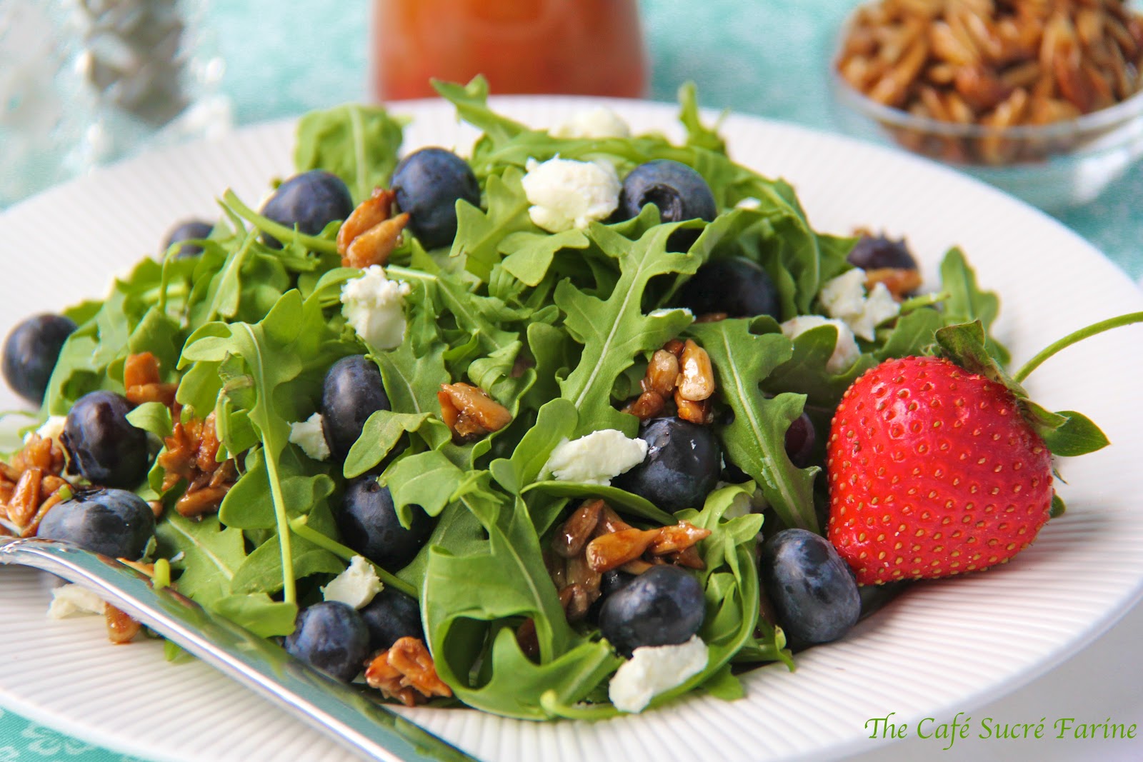 Arugula & Blueberry Salad w/ Goat Cheese, Honeyed Sunflower Seeds & Strawberry Vinaigrette The