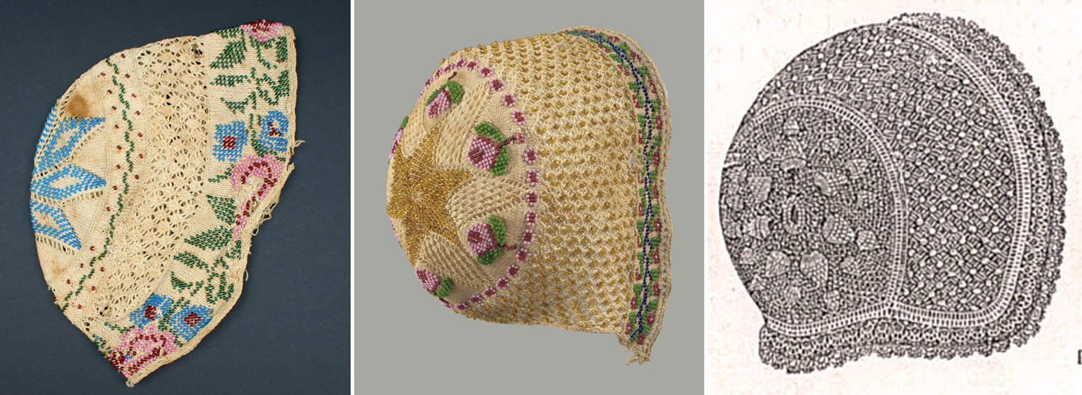 â–³  g Bonnet pour bébé en coton écru tricoté rebrodé de perles de verre 1856 Wisconsin Historical Museum Madison au centre Bonnet de bébé en coton