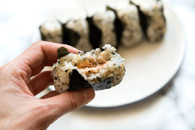 Smoked salmon and furikake onigiri