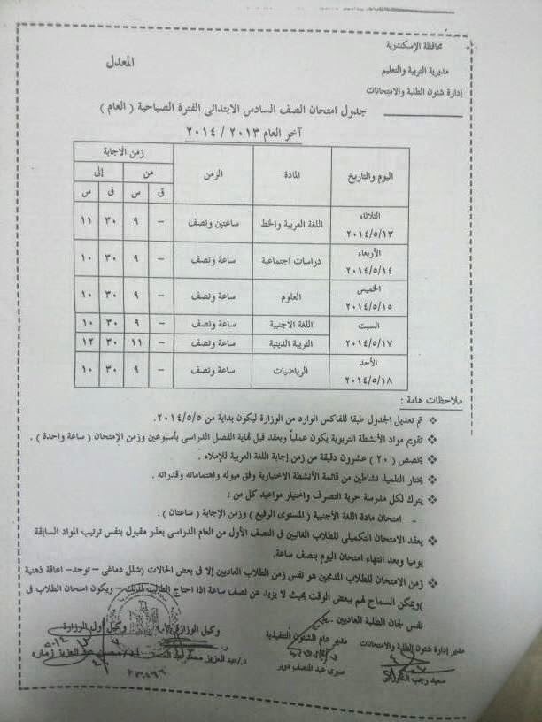 جدول امتحانات الشهادة الابتدائية الترم الثانى 2014 محافظة الاسكندرية