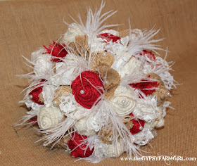 red, tan , and white burlap wedding bouquet