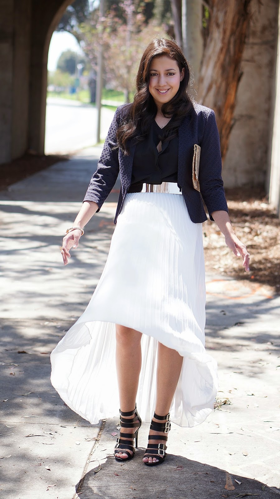LC Lauren Conrad Chiffon Pleated Skirt, Fashion Blogger, Mossimo Strappy Heels