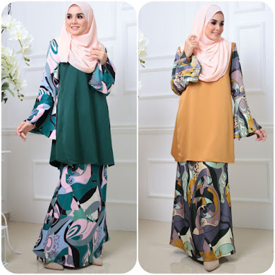 BAJU KURUNG MODEN RAUDHA MEDINA - PINE GREEN , GOLDEN ROD