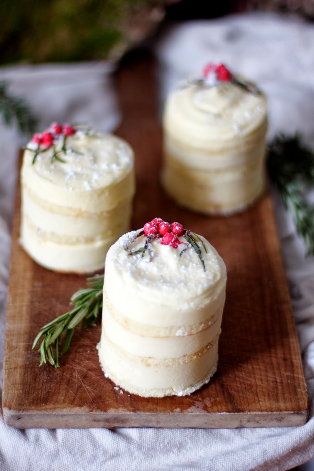 engrained rosemary lemon mousse cakes with olive oil cake