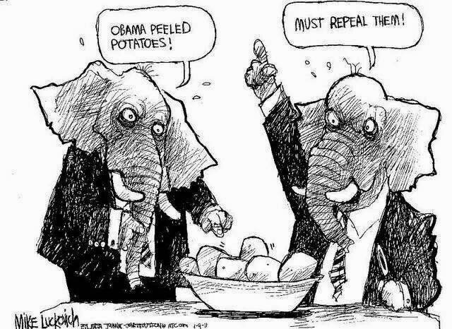 One Republican, looking a bowl of potatoes:  Obama peeled potatoes!  Second Republican:  We must repeal them