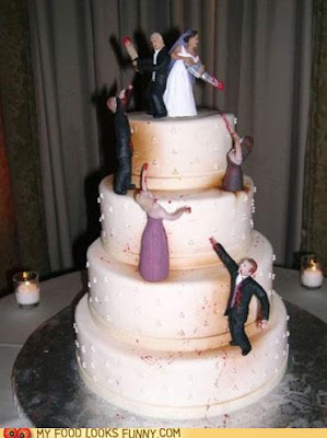 3 tier wedding cake with zombie wedding party