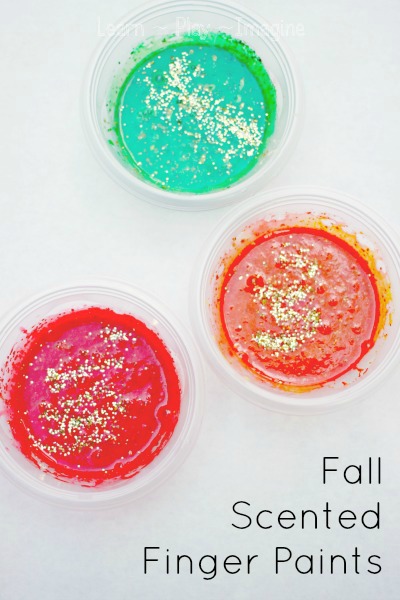 Homemade fall scented finger paints you can prepare in just two minutes!  These smell amazing and are so much fun for fall.  Omit the glitter, and they are baby and toddler safe.