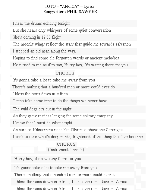English, Español and Music TOTO “AFRICA” Lyrics Songwriter