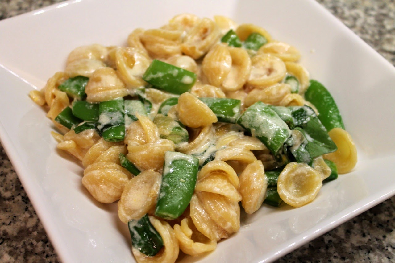 Orecchiette with Caramelized Onions, Sugar Snap Peas and Ricotta