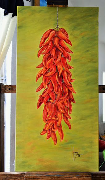 Chiles rojos colgando. Óleo sobre tela.